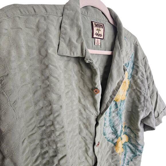 VTG Tommy Bahama Silk Shirt Men L Green Floral Seersucker Hawaiian Vacation - Picture 5 of 8